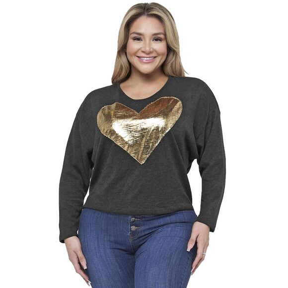 Womens Plus Size Charcoal Long Sleeve Top With Gold Heart - Picture 3 of 3